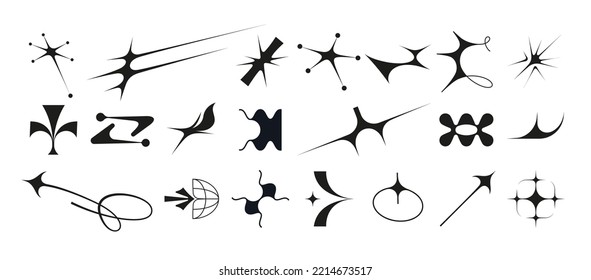 Set of vector icons of acid flare shapes and arrows. supernova explosion space figures in Y2k korean style