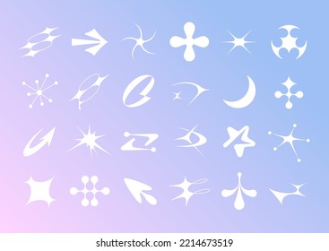 Set of vector icons of acid flare shapes and arrows. supernova explosion space figures in Y2k korean style