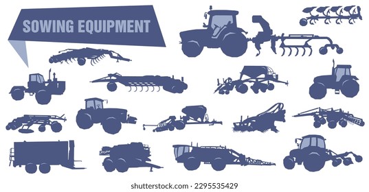 Set of vector icons of agricultural and agricultural machines used for sowing and watering.
