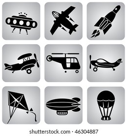 set of vector icons. Air transport and flying machines