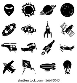 set of vector icons. Air transport, flying machines and space