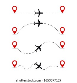 Set of vector icons of airplanes flight route with start and destination point and dash line trace