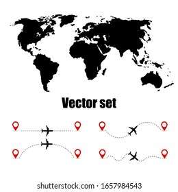 Set of vector icons of airplanes flight route with start and destination point and dash line trace and world map