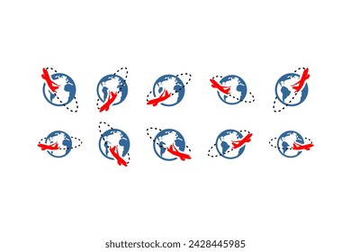 Set Vector Icons Airplanes Flying Over the World on White Background