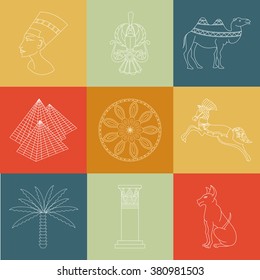 Set of vector icons of Ancient Egypt - Nefertiti, column, cat, camel, scarab, pyramids in the trendy linear style.