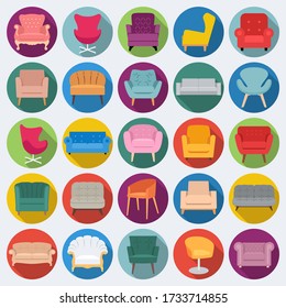 Set of vector icons armchair, chair, sofa, couch, settee, divan in flat design with long shadows