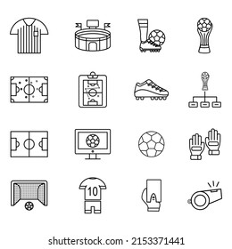 Set of vector icons around football. Vector illustration of goal, ball, stadium and more, with editable black outline.