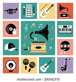 Set of vector icons of audio and musical instrument.