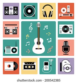 Set of vector icons of audio and musical instrument.