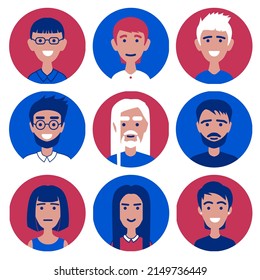 set of vector icons of avatars of portraits of people of different sex and age, with different hairstyles