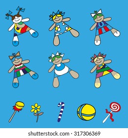 Set vector icons baby dolls in different dresses isolated on blue background