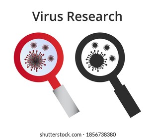 Set of vector icons with bacteria or virus under a magnifying glass. Coronavirus covid-19 epidemic. Zoomed bacteria or virus. Realistic color icon and simple black icon isolated on a white background.