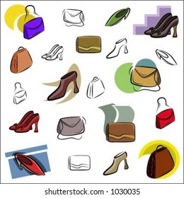 A set of vector icons of bags and shoes in color, and black and white renderings.