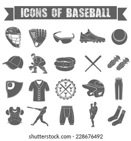 Set of vector icons of baseball on a white isolated background. Equipment, accessories, clothing and players. Stock Vector.