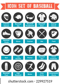 Set of vector icons of baseball on a white background. Baseball tools, equipment, accessories and clothing. Icons with names.