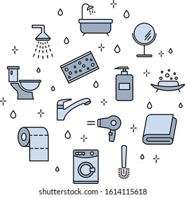 Set of vector icons of bathroom. Bathroom accessories, furniture outline icons.  