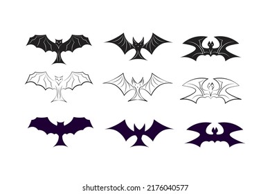 Set of vector icons of bats on white background. Designs for Halloween, spooky, festive elements for printing banners, cards, stickers.