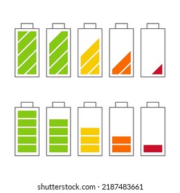 Set of vector icons of batteries with different colored charging indicators.