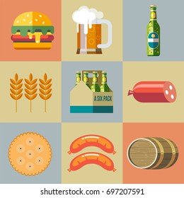 Set of vector icons. Beer mug, bottle packaging bottle of beer, hamburger, sausage, biscuits, barley ear.