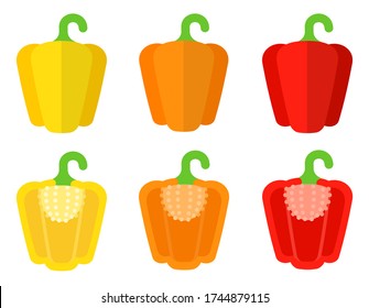 Set vector icons bell peppers - yellow, orange and red in flat design.