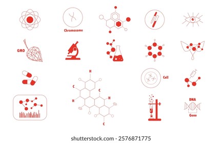 Set of vector icons for biological laboratory, scientific articles, badges in microbiology and genetic engineering research