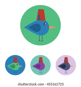 Set of vector icons with bird with fez. Icons are in flat style in various colors.