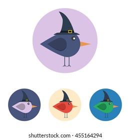 Set of vector icons with bird with witch hat. Icons are in flat style in various colors. Icons on a circular background.