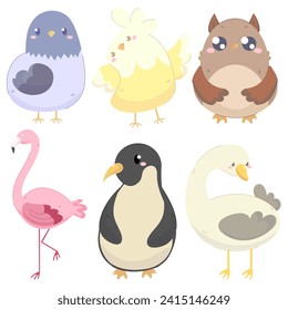 set of vector icons with birds. pigeon, parrot, owl, flamingo, penguin, goose