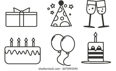 Vektorsymbole zum Geburtstag, Kuchen, Mütze, Champagnerbrille, Ballon und Geschenk