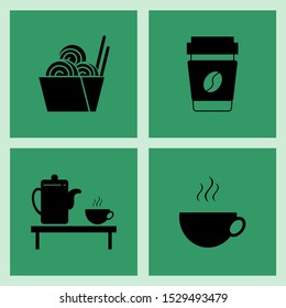 Set Vector Icons in black. Fast food noodles
streets, coffee, tea, isolated on a green background