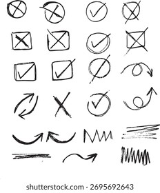 Conjunto de iconos vectoriales, mano negra dibujada diferente, flechas con tiza, marcas de verificación de círculo. Vector doodle dibujo de marcador. Garabatos dibujados a mano	