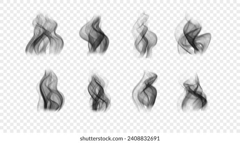 Satz von Vektorsymbols. Schwarzer Rauch. Wavy realistischer Nebel einzeln auf transparentem Hintergrund