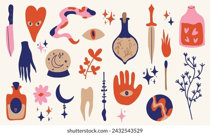 Set of vector icons in boho style. Vector emblem, potion, dagger, hand, plants, match, crescent, snake, knife, heart. Fashion design, hand drawn.