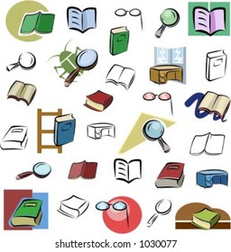 A set of vector icons of books and reading devices in color, and black and white renderings.