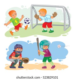Set Of Vector Icons Of Boys Playing Baseball And Soccer