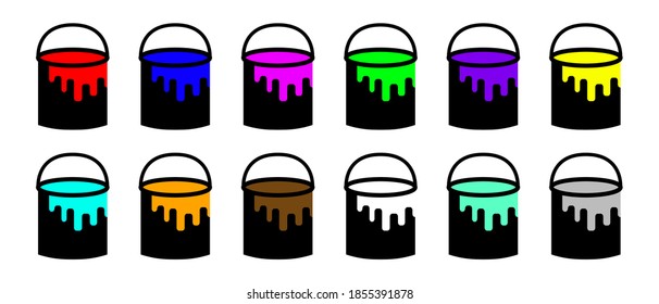 Set of vector icons of buckets with paint. Bucket icons with colored paints. Set of paint buckets in flat style isolated on white background. Vector illustration. Simple icons.