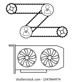Set of vector icons with business processes and video card.