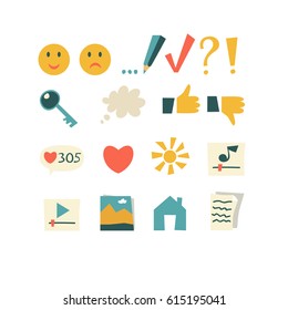 Set of vector icons, buttons for application design, for the blog in flat cartoon style on bright background