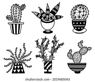 Conjunto de iconos vectoriales de cactus y suculentos. La mano dibujó lindas plantas espinosas. Esquema de la flora del hogar. Plantas de doodle en una olla. Esbozo botánico sobre fondo blanco. Colección de ilustraciones monocromáticas.