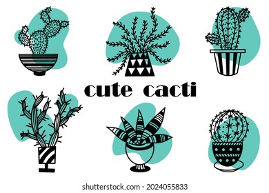 Set of vector icons of cacti and succulents. Cute monochrome potted plants. Hand-drawn black doodle. Thorny flowers with abstract green spots and drops. Collection of cozy boho objects. 