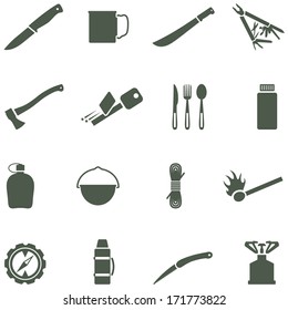 Set of vector icons with camping equipment and accessories. 