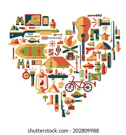Set of vector icons for camping, outdoor activities and hunting. Flat