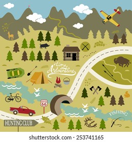 Set of vector icons for camping, outdoor activities and hunting. Landscape - stock vector
