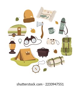 Set of vector icons for camping. Travel accessories and things:  tent, thermos, ax, map, mug, binoculars, compass, camera, backpack. Cartoon vector flat illustration, vacation and rest concept 