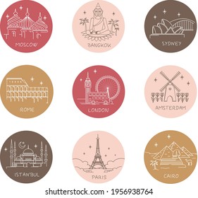 Set of vector icons of the capital of the world.  Paris, Rome, Bangkok, Moscow, Sydney, Cairo, Istanbul, Amsterdam, London.