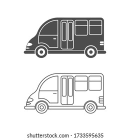Set of vector icons for a car or commercial van. Simple design, empty and filled contour isolated on a white background. Design for coloring books, websites, and apps