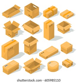 Set of vector icons cardboard packaging for delivery isolated on white background. Open and closed cardboard boxes of various shapes and sizes with emblems of fragility on them