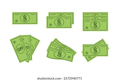 A set of vector icons of cash dollar bills. A set of dollar bills for business decisions and for financial ideas. Green money on a white background.