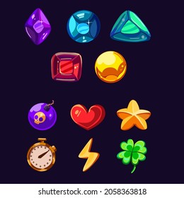 Un conjunto de iconos vectoriales en un estilo casual para juegos y aplicaciones. Gemas de elementos de juego, bomba, corazón, estrella, temporizador, relámpago, trébol de cuatro hojas. Un conjunto de iconos brillantes para crear un juego