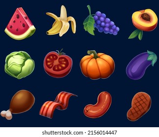 A set of vector icons in a casual style for games and applications. Elements of game art with fruits, vegetables and meat, different food. Watermelon, banana, grapes, apricot, tomatoes, pumpkin